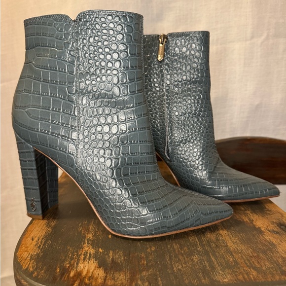 Sam Edelman Raelle Teal Crocodile-Embossed Ankle Boots - Picture 4 of 7